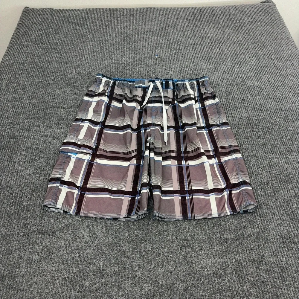 No Fear Board Shorts Mens L Grey Polyester Plaid Cargo Pocket Y2K Skate Surf